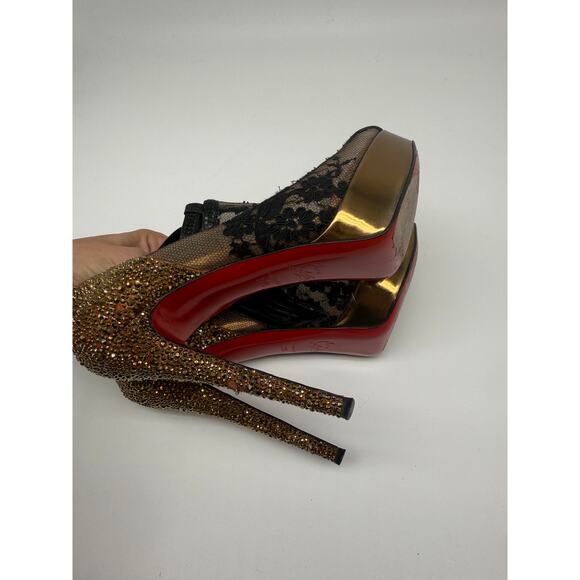 Christian Louboutin Mesh Lace Embroidered Glitter Peep Toe Pump Black Size 39.5 - Picture 9 of 14